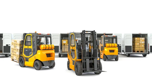 Sarı Forkliftler Paletleri Minibüse Yüklüyor Hazırlayıcı — Stok fotoğraf