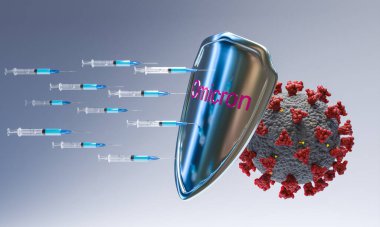 Aşı koruma kalkanlı omikron varyantı covid-19. Uyuşturucu etkisiz konsepti. 3d hazırlayıcı