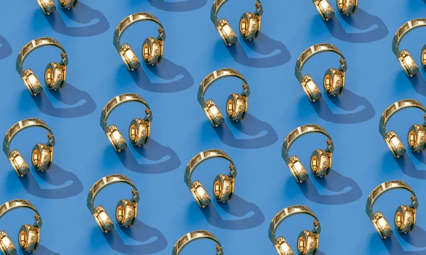 Золоті Бездротові Навушники Синьому Фоні Стилі Плоского Планування Візуалізація — стокове фото