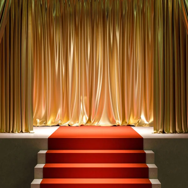有红地毯和金色窗帘的楼梯 3D渲染 成功概念 — 图库照片