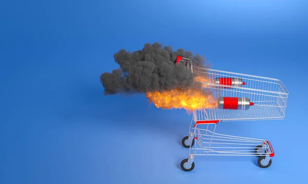 装有烟火和火焰的购物车 速度概念 3D渲染 版权空间 — 图库照片