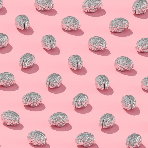 Metal Human Brains Pink Background Square Format Render — Stock Photo, Image