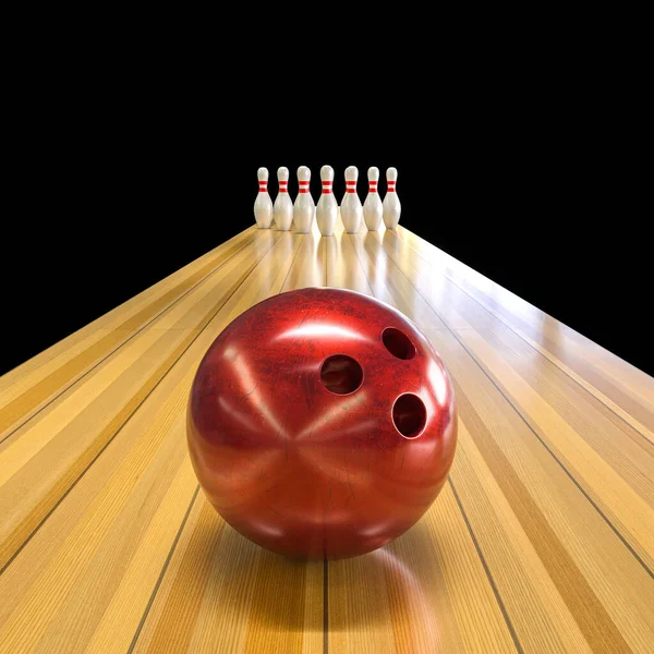 Červená Bowlingová Koule Klasickou Dráhou Kuželkami Vykreslení — Stock fotografie