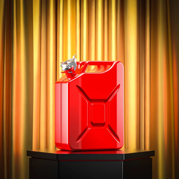 Rote Benzinkanne Mit Goldenen Vorhängen Darstellung — Stockfoto