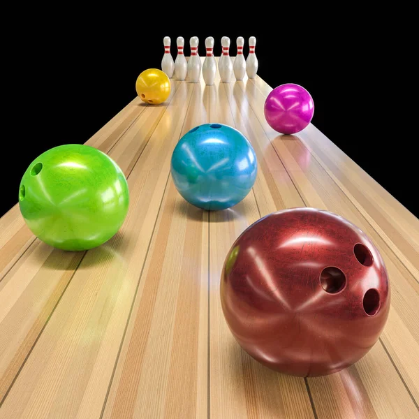 Boules Bowling Colorées Des Quilles Rendu — Photo