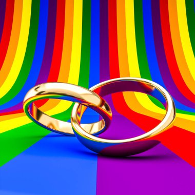 Lgbt renk arka planında altın alyanslar. 3d hazırlayıcı
