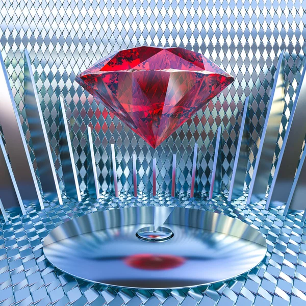 幾何学的要素と赤いダイヤモンドを持つ抽象的な金属の背景 3Dレンダリング — ストック写真