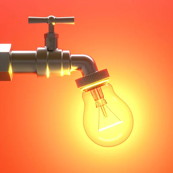 電球のついた蛇口がついた エネルギーと資源の概念です 3Dレンダリング — ストック写真
