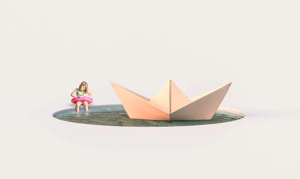 Klein Meisje Met Reddingsboei Papieren Boot Het Water — Stockfoto
