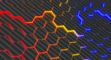 Karbon fiber altıgenli modern geometrik arkaplan. Renkli ışıklar. 3d hazırlayıcı