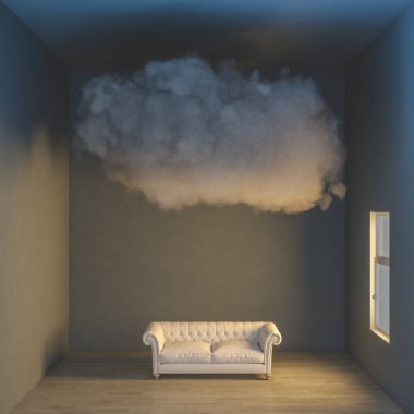 cloud over a sofa in an empty room. 3d render