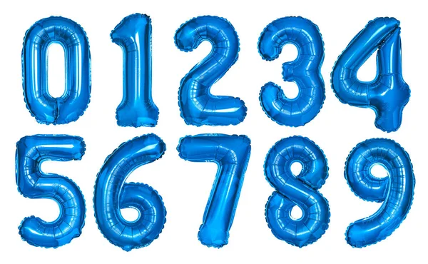 Globos Metálicos Azules Forma Números Sobre Fondo Blanco Recogida —  Fotos de Stock