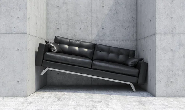 Black Sofa Wedged Two Concrete Walls Lack Space Render — Stock Fotó