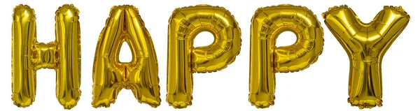 Real Balloons Shape Happy Word Metallic Gold White Background — Foto Stock