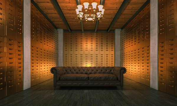 Leather Sofa Empty Room Many Gold Drawers Render — Stok fotoğraf