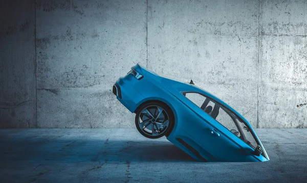 sports car that sinks into the concrete floor. 3d render