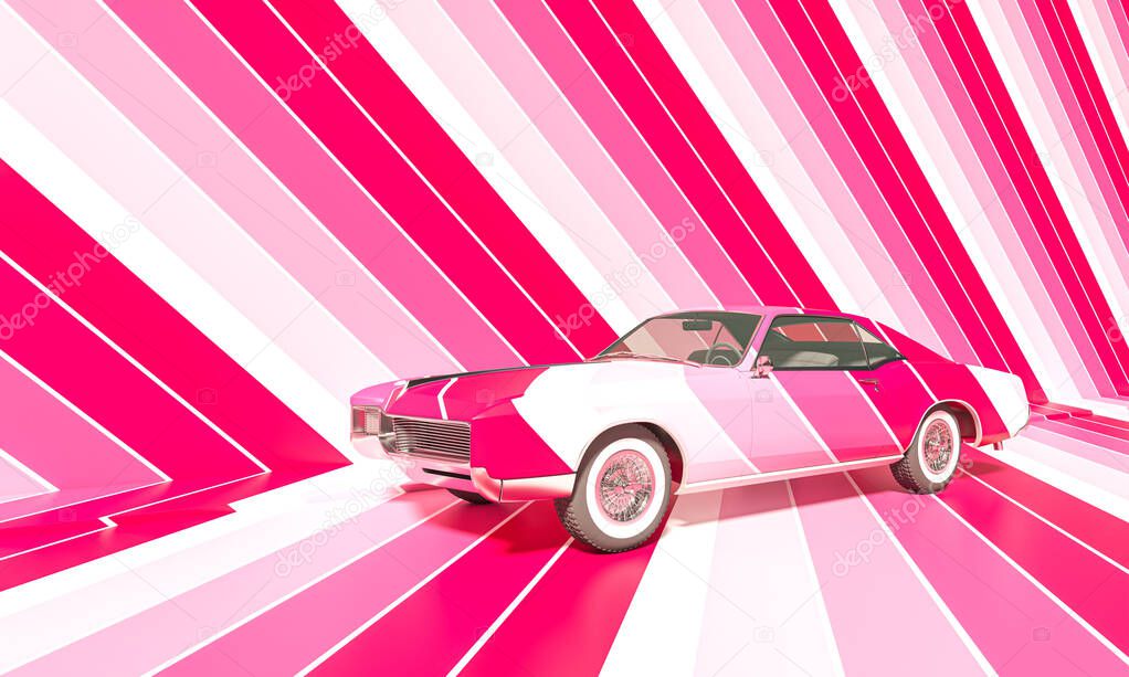 vintage car and background with red and pink colored stripes. 3d render