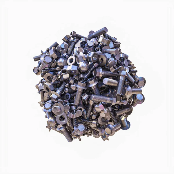 Agglomeration Von Schrauben Muttern Und Mechanischen Kleinteilen Auf Weißem Hintergrund — Stockfoto