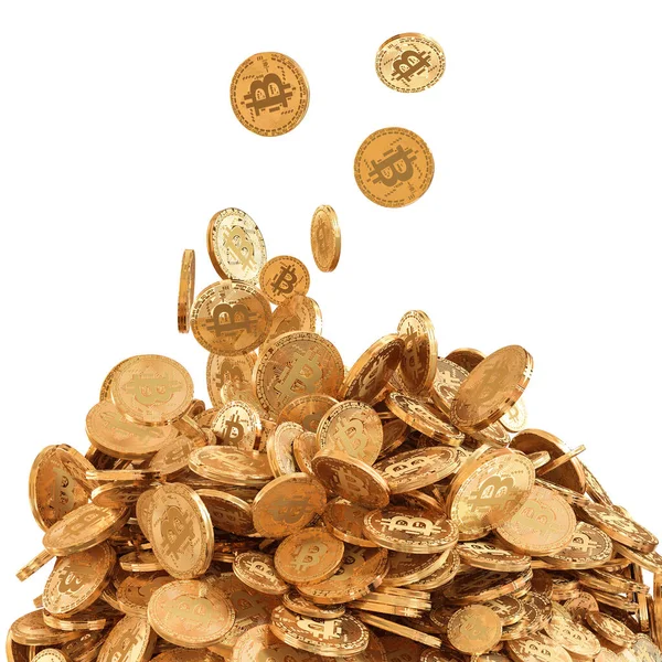 Arany Bitcoin Érmék Felhalmozódnak Fehér Háttérben Renderelés — Stock Fotó