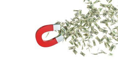 Büyük mıknatıs para dolarlarını çeker. 3d hazırlayıcı