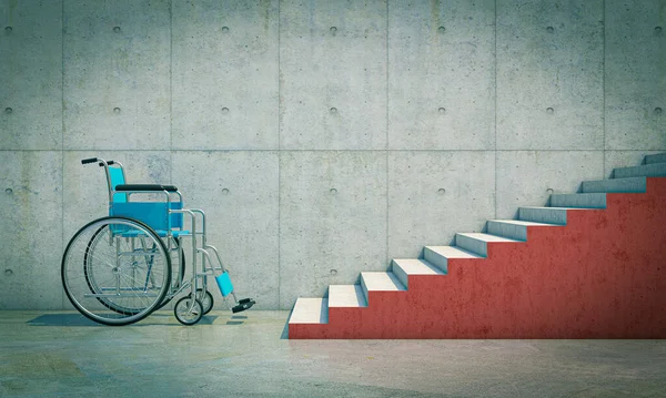 Rollstuhl Für Behinderte Vor Einer Langen Roten Treppe Darstellung — Stockfoto