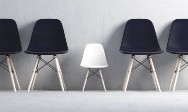 black chairs and small white chair. diversity concept. 3d render
