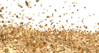 rain of gold bitcoin coins isolated on white background. 3d render