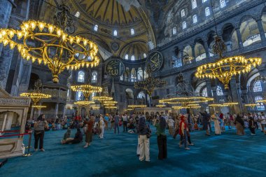 ISTANBUL/TURKEY - July 7, 2022: tourists visit the hagia sophia mosque