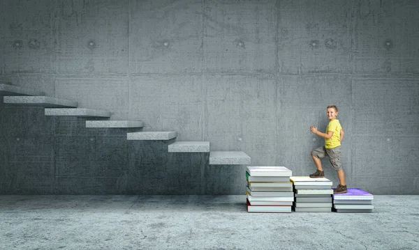 Caucasian Child Climbs Stair Made Books Education Concept — 图库照片