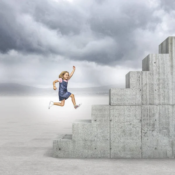 Girl Runs Climb Long Concrete Staircase — Stock Fotó
