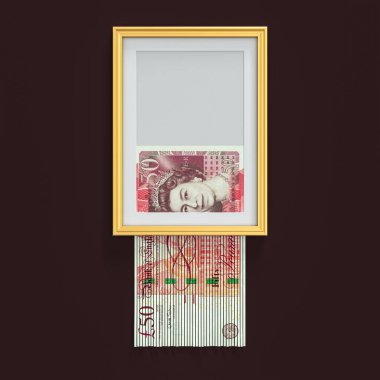 British pound sterling banknote that is destroyed, picture frame. 3d render