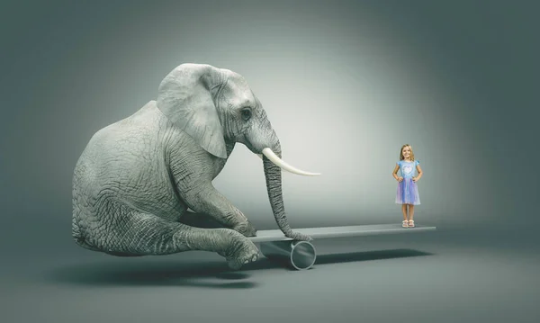 Little Girl Balancing Plank Big Elephant — Foto Stock