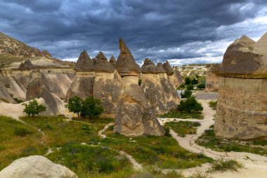 rose valley in goreme, turkey, rock formations.