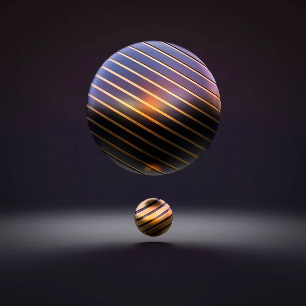 溝付きの金と黒の球体の暗い背景 3Dレンダリング — ストック写真