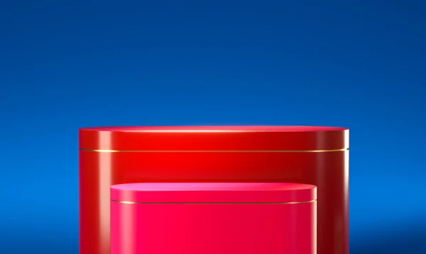 Podios Rojos Con Inserto Metal Fondo Azul Renderizar — Foto de Stock