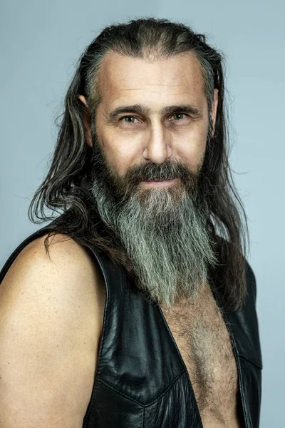 Man Long Hair Beard Shirtless Leather Vest — Stock Photo, Image