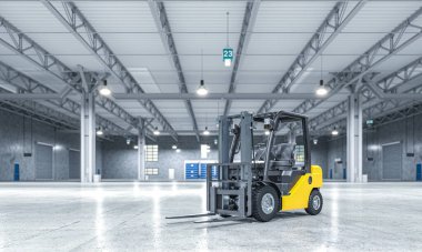 Boş depo ve sarı forklift. 3d hazırlayıcı