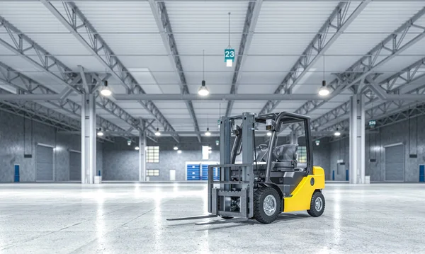 Empty Warehouse Yellow Forklift Render — Stock Photo, Image