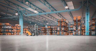 Malların sevkiyata hazır olduğu bir depo, ön planda forklift. 3d hazırlayıcı