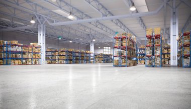 interior of a large warehouse with shelves and goods. 3d render clipart