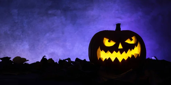 Halloween Dynia Latarnia Cieniu Fioletowym Tle — Zdjęcie stockowe