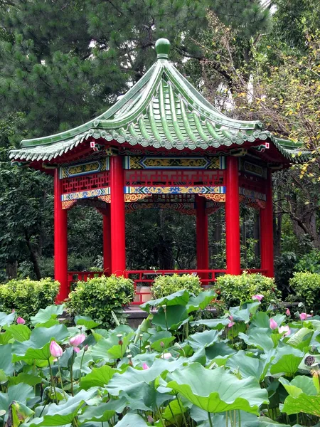 Pavillon chinois et fleurs de lotus — Photo