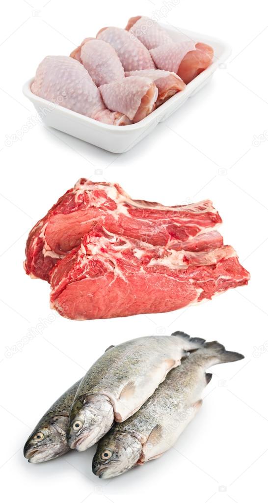 Set Fresh chicken, meat and fish on white background