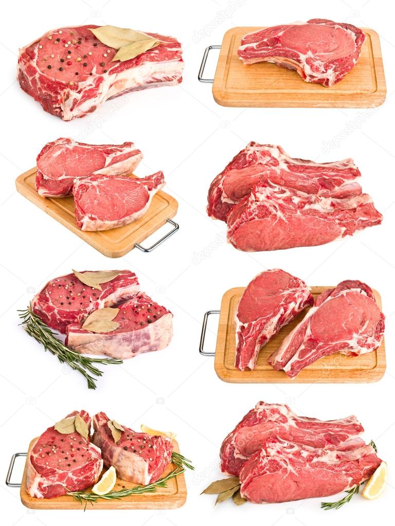 Set by fresh raw meat collection isolated on white