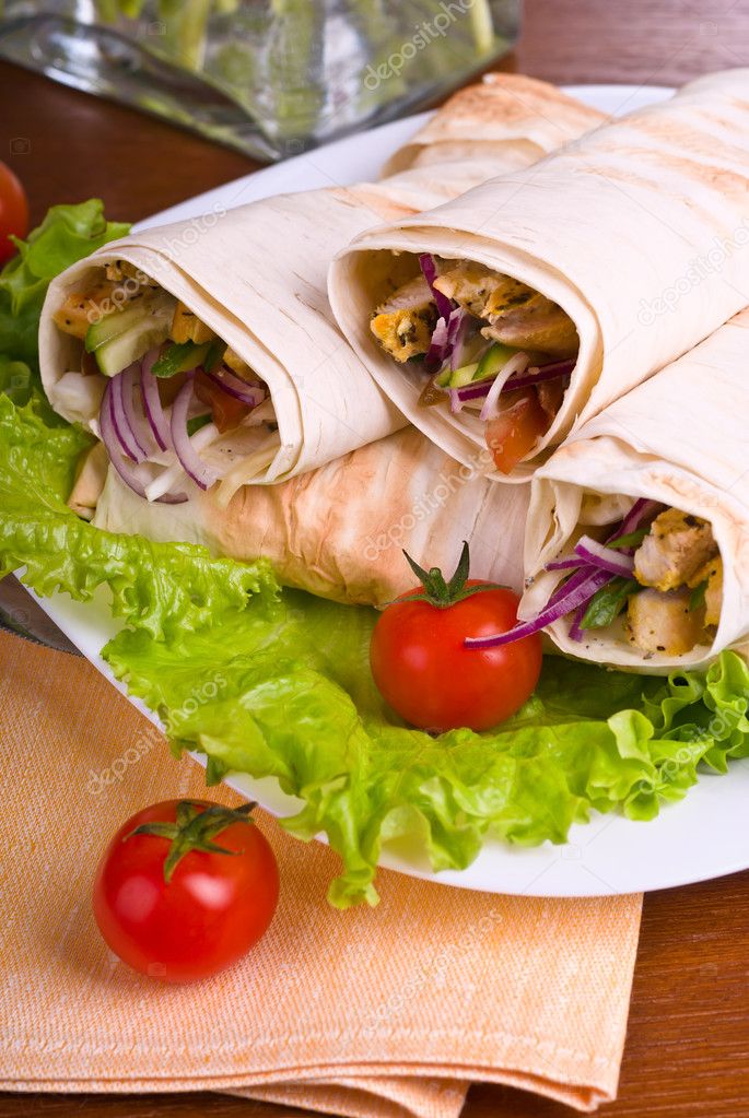 Hot fresh and tasty shawarma with vegetables