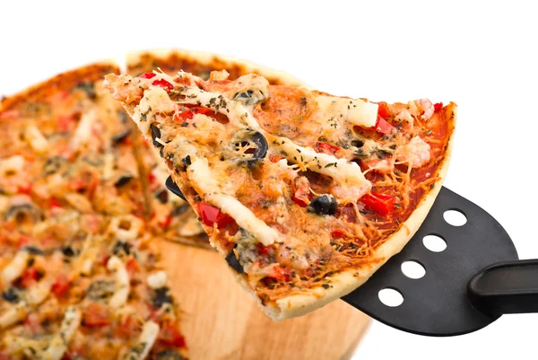 Supreme Pizza lifted slice with seafood — Stock Photo, Image