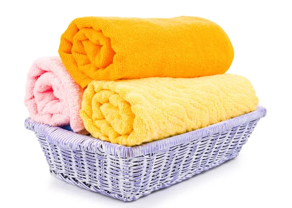 Close-up basket of pure colorful towels — Stock Photo, Image