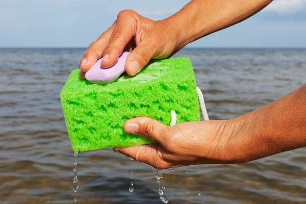Sponge in hands. — Stock Photo, Image