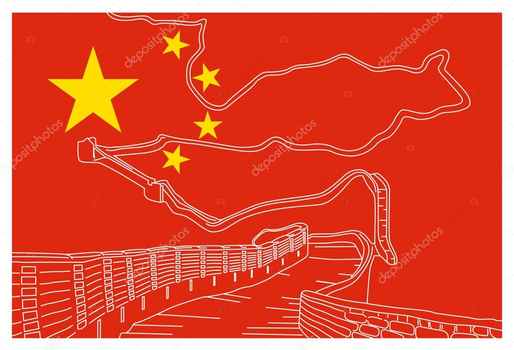 Chinese flag with great wall sketch