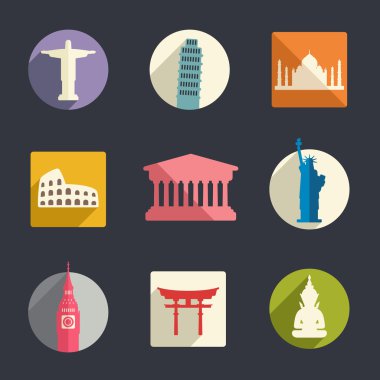 ünlü seyahat yerler düz Icon set.